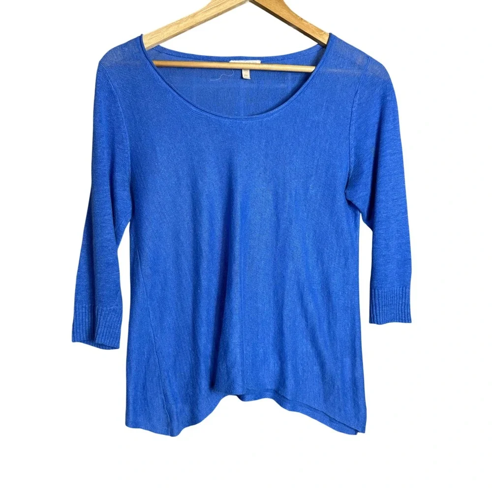 Eileen Fisher Petite Blue 100% Linen Knit Scoop Neck 3/4 Sleeve‎ Sweater PM